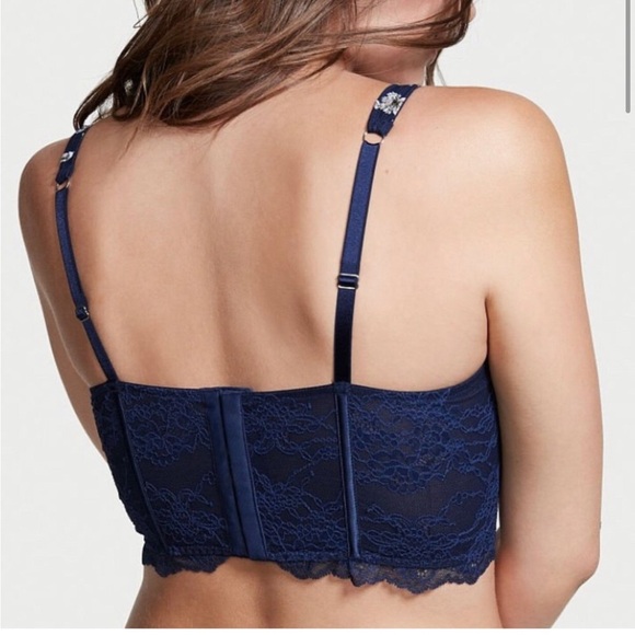 VS dream angel unlined lace up Corset bra top  small navy floral - Picture 2 of 7